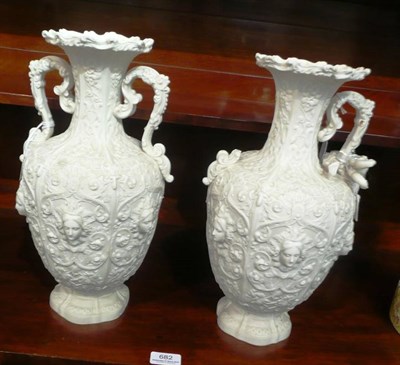 Lot 459 - A pair of Copeland Parian decorative two-handled vases (a/f)