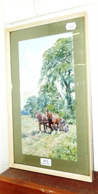 Lot 471 - Watercolour by DM and EM Alderson of a farmer ploughing with two heavy horses, signed and dated...