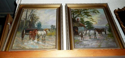 Lot 499 - Pair of oil paintings by "Oswald", country scenes with cart horses