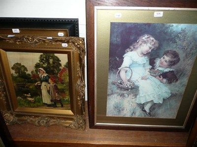 Lot 506 - Pair of Aesthetic movement prints, another of a fisherwoman, a gilt framed oleograph and...