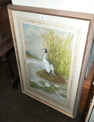 Lot 527 - Jonathan Halbert, Royal Miniature Society, a grebe on her nest with chicks (gouache)