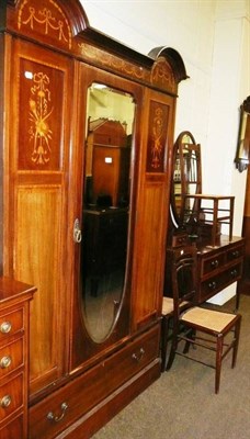 Lot 558 - Edwardian inlaid mahogany bedroom suite, comprising mirrored single door wardrobe, dressing...