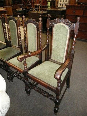 Lot 610 - Set of six (4 + 2) oak barley twist dining chairs, a pair of oak barley twist dining chairs and...