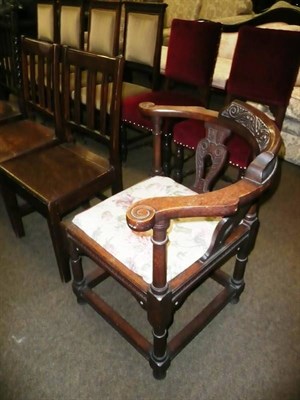 Lot 615 - A carved oak corner chair by Milne & Son, Lancaster and two country chairs (3)