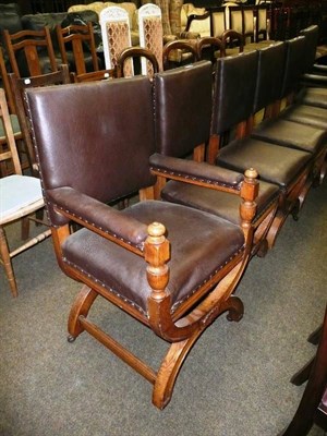 Lot 628 - Set of six (4 + 2) oak chairs with cross-framed stretchers