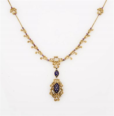 Lot 303 - An 18 Carat Gold Enamelled Diamond and Ruby Necklace, 1964, the central pendant comprises a diamond