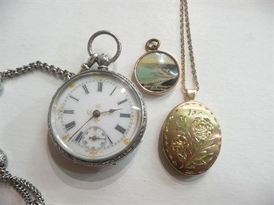 Lot 10 - Silver-cased pocket watch, plated chain, gold commemorative locket and another