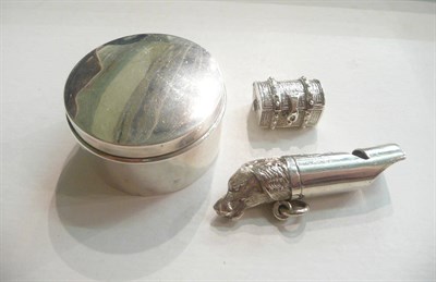 Lot 14 - Silver dog whistle, pill box and silver circular box
