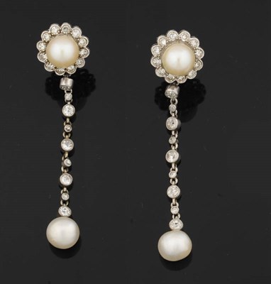 Lot 324 - A Pair of Edwardian Cultured Pearl and Diamond Stud/Drop Earrings, the cluster stud comprises a...