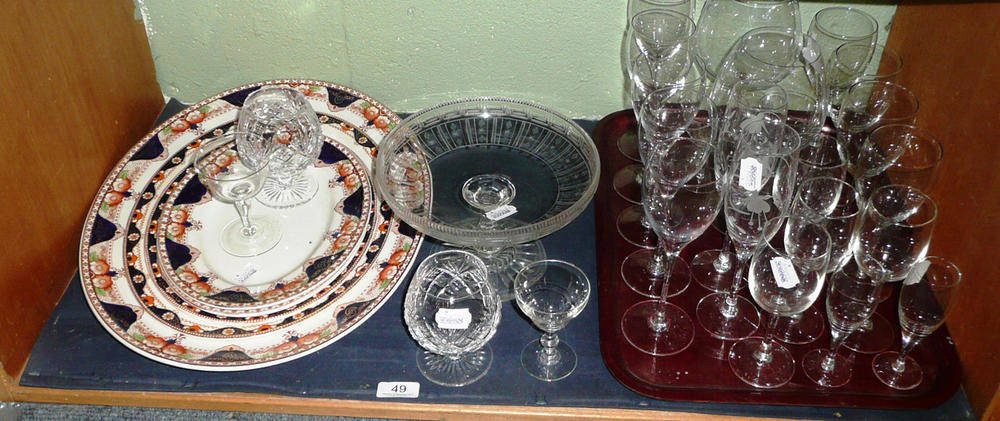 Lot 49 - Shelf including drinking glasses, meat dishes, etc