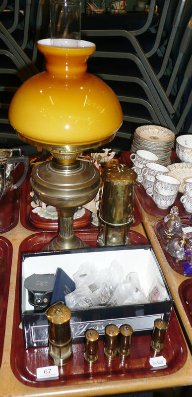 Lot 67 - Eccles Protector miner's lamp, five miniature lamps, brass oil lamp, coins and cuff-links, etc