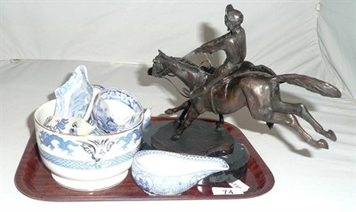 Lot 74 - Modern bronze figure group of horses and a quantity of blue and white