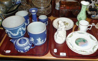 Lot 82 - Two trays including blue Wedgwood jasperware, a Parian group, etc