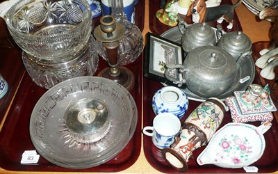 Lot 83 - Two trays including glassware, ceramics, pewter tea set, etc