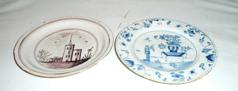 Lot 91 - English tin glaze manganeze pancake plate (17th century) with a blue and white tin glaze plate (2)