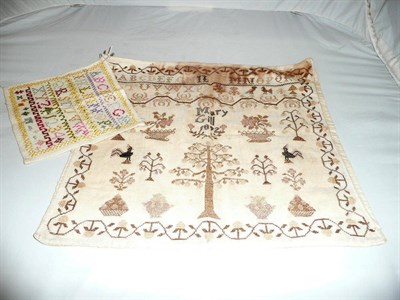 Lot 92 - Unframed sampler worked by Mary Gill 1892 and another smaller and later example (2)