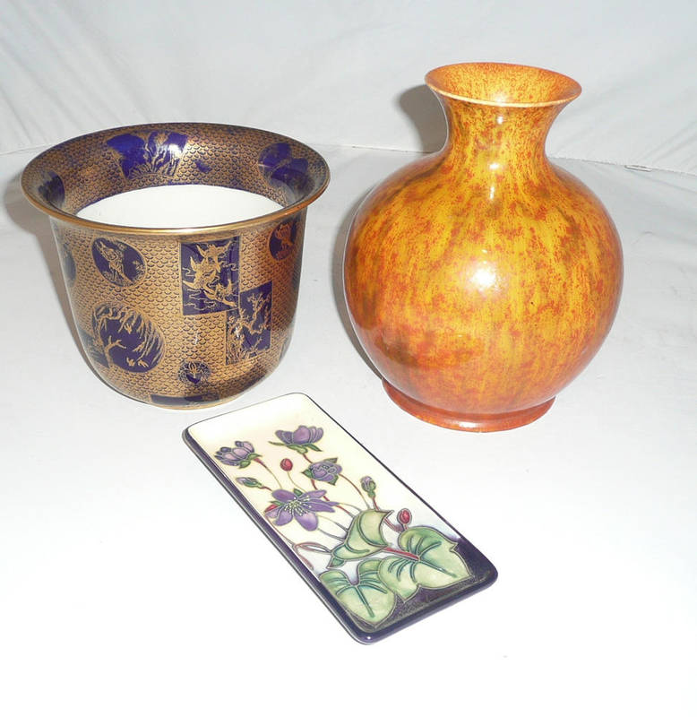 Lot 94 - Masons blue and gilt jardiniere, Royal Lancastrian vase and a Moorcroft dish