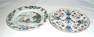 Lot 105 - Lambeth polychrome Chinaman plate (18th century) and a Dutch pancake plate (2)