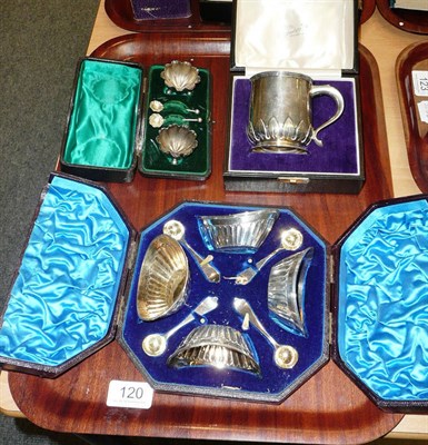 Lot 120 - Silver mug (cased), pair of silver salts and four cased silver salts