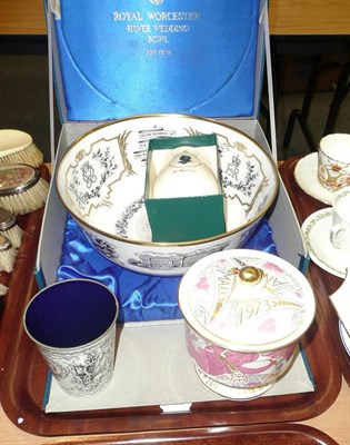 Lot 123 - Royal Worcester 'silver wedding' bowl, enamel beaker, Coalport bowl, etc