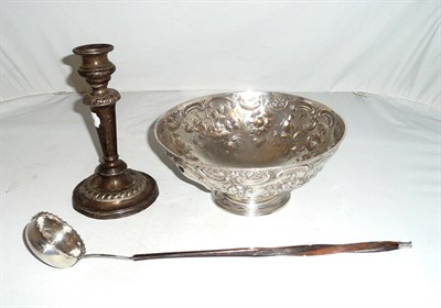 Lot 128 - George III bowl, Georgian stick and loaded candlestick