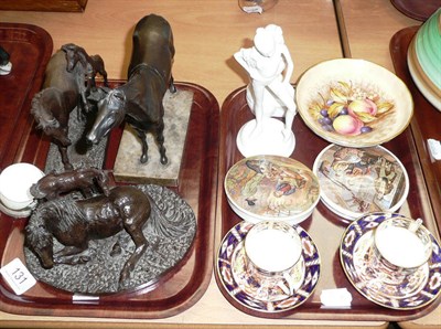 Lot 131 - Tray including pot lids, spelter figure of a horse, etc