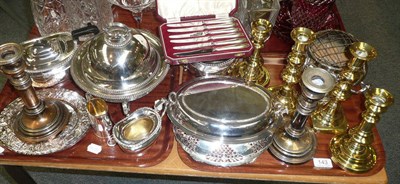 Lot 143 - Quantity of silver plated items, breakfast dish, brass candlesticks and six silver-handled knives