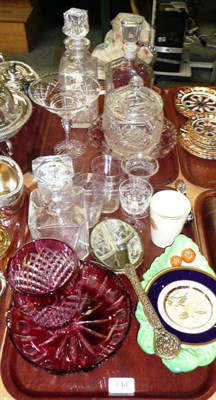 Lot 144 - Quantity of cut glass and cranberry glass on two trays