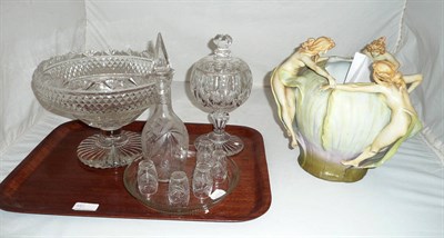 Lot 148 - A centrepiece cut glass bowl, glass and cover, decanter and small glass and a ceramic mermaid's...