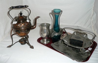 Lot 152 - A tray of Continental metalwares, including jewellery box, vase, Arts and crafts spirit kettle, etc