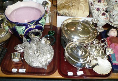 Lot 154 - Two trays including a planter, plated ware, plated glass cruet set, Ronson plated lighter and a...