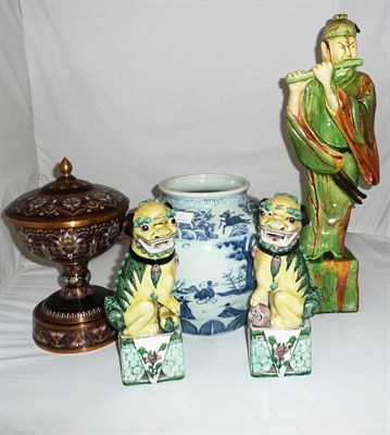 Lot 156 - A pair of 20th century Chinese dogs of fo, a green glazed figure, Chinese blue and white vase and a