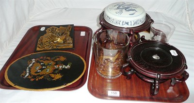 Lot 158 - A Chinese gilt decorated glass vase, two hardwood stands, engraved glass, Chinese lid, 18th century