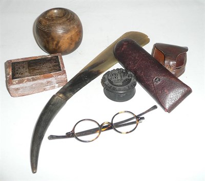 Lot 164 - Small mirror, horn page turner, compass, spectacles, etc