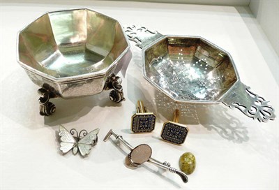 Lot 187 - Silver strainer on stand, pair of cuff-links and two brooches