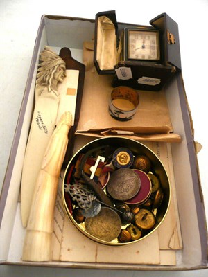 Lot 192 - Box of military buttons, war medal, travel timepiece, beads, etc