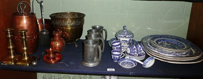 Lot 206 - Quantity of blue and white ceramics, meat plates, brass preserve pan, copper and pewter, etc