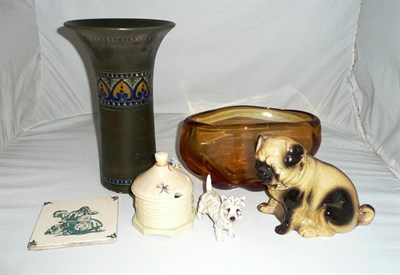 Lot 221 - Continental vase, preserve jar, Royal Doulton dog, pug dog figure and a glass bowl