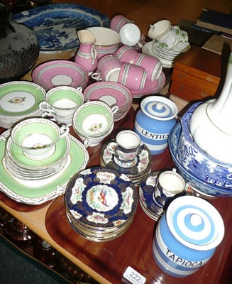 Lot 222 - Three trays of tea wares, blue and white meat plate, Cornish tapioca jar and cover, etc