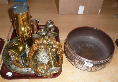 Lot 228 - Two boxes of brass ware, silver plate, tray of Eastern metal wares, etc