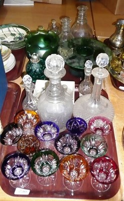 Lot 230 - Two trays of assorted coloured glass, Art Nouveau vase, decanters, etc