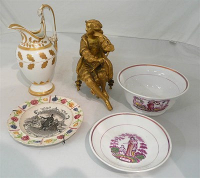 Lot 234 - A gilt metal figure, Continental jug, 'Faith, Hope and Charity' bowl and saucer and a...