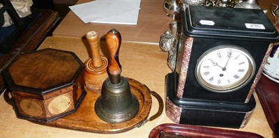 Lot 236 - Black slate mantel clock, oak oval tray, treen box, mallet and bell