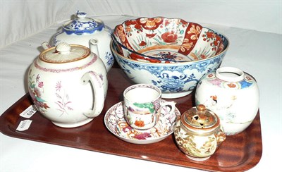 Lot 240 - Two globular teapots, Chinese cup and saucer, Imari bowl and an 18th century Chinese bowl