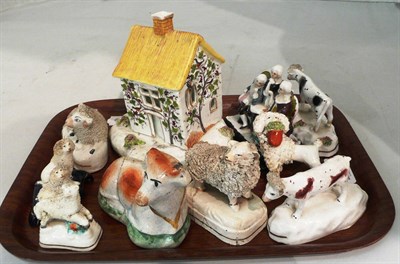 Lot 241 - Tray of Staffordshire figures (a.f.) and a box of 19th century blue and white Spode plates, etc