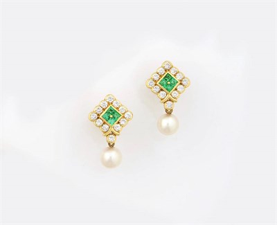 Lot 345 - A Pair of 18 Carat Gold Emerald, Diamond and Pearl Earrings, four faceted square emeralds...