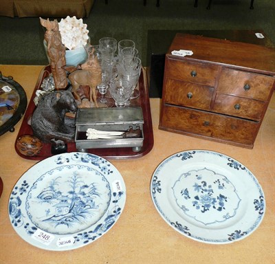 Lot 248 - A miniature chest of drawers, a tray of 19th century engraved glass, bone pieces, butterfly...