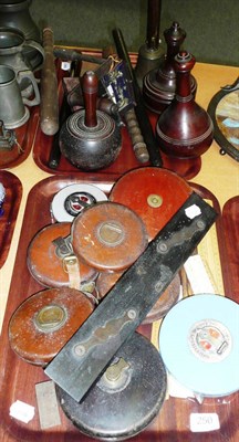 Lot 250 - Two trays including truncheons, surveyors, tape measure, rules, etc