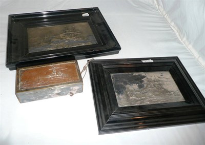 Lot 259 - War interest, two metal ware framed plaques depicting ships and a similar silver plated...