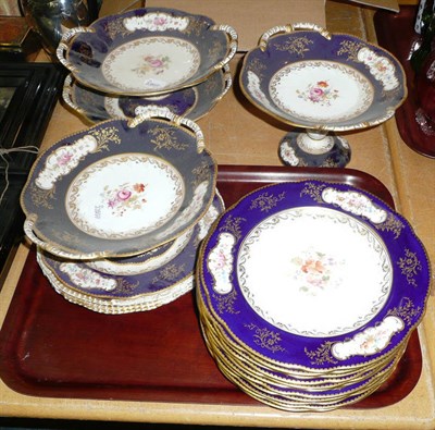 Lot 262 - A quantity of Coalport floral dessert plates and comports with blue and gilt borders